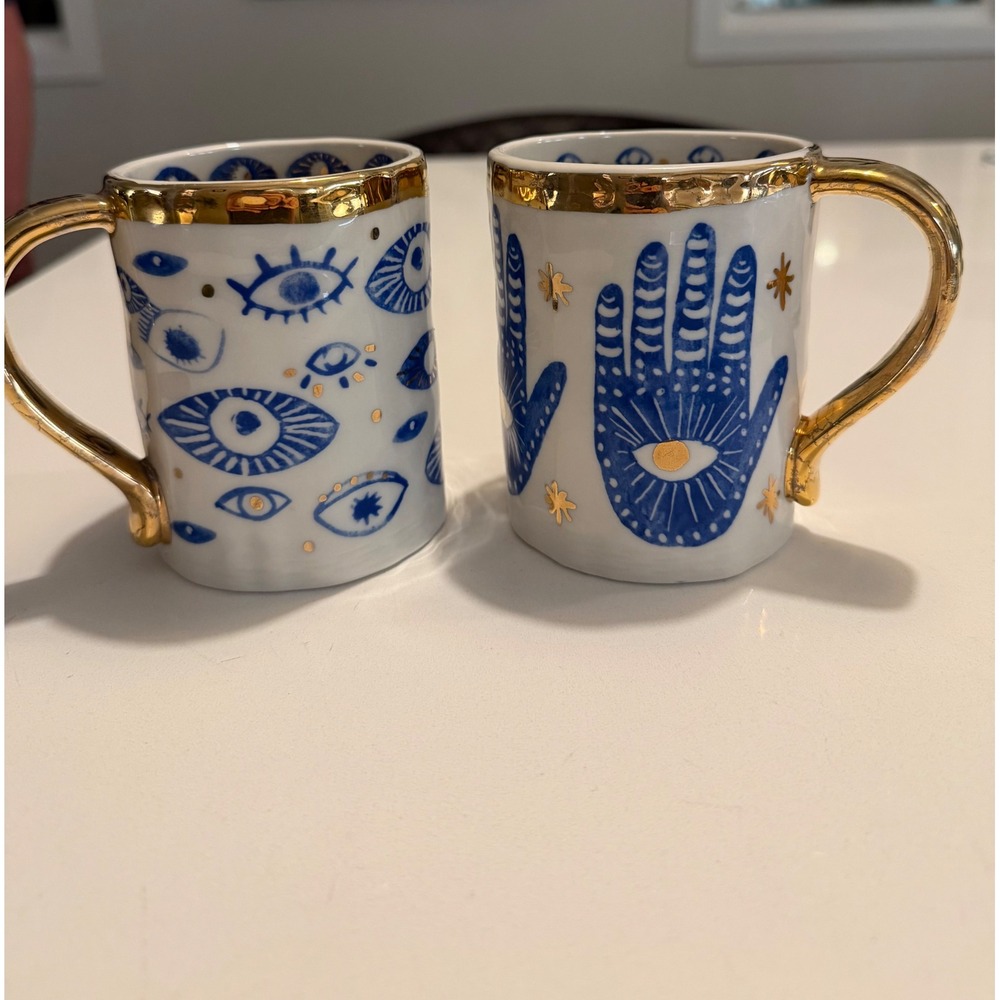 Anthropologie Blue Evil Eye Hamsa Hand Ceramic Cups Set of 2 Gold Handle
